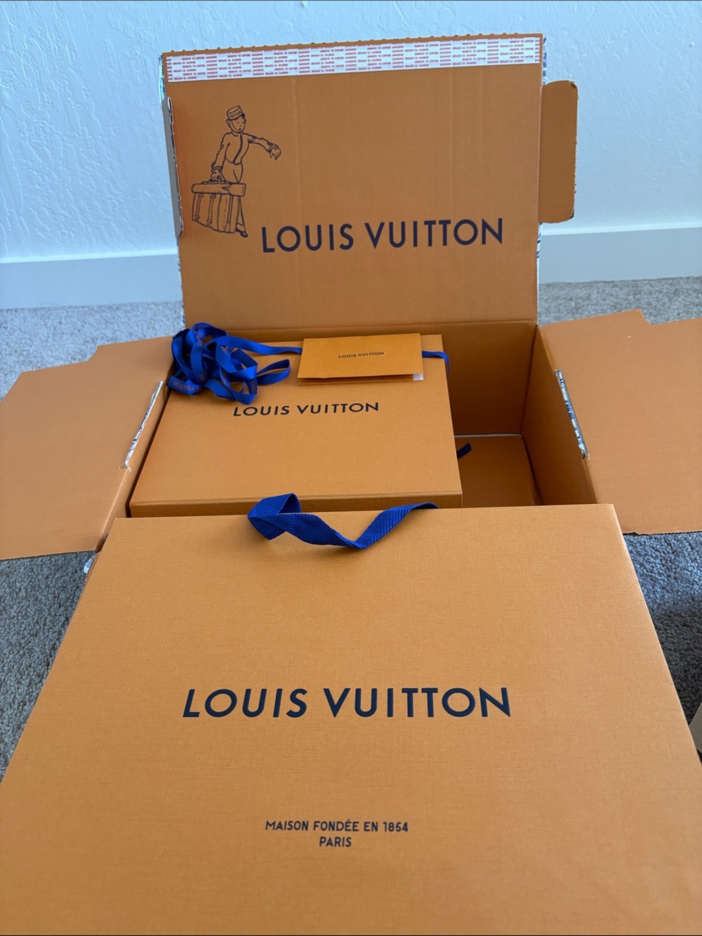 Louis Vuitton Orange box, Blue Ribbon, shopping bag, receipt envelope ~12x11x6
